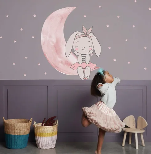 Miniatura 2 de Calcomanía de pared con diseño de conejo rosa, diseño de luna, estrellas pequeñas, para despegar y pegar, lindas calcomanías de conejito para niñas