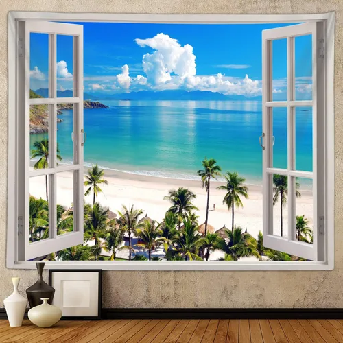 Miniatura 3 de Sanzugh - Tapiz de pared de playa del océano, arte de ventana falsa de naturaleza del mar de Hawái, tapices para colgar en dormitorio, dormitorio