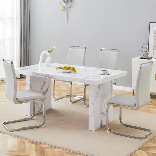 Miniatura 56 de gopop Mesa de comedor de mármol de 63 pulgadas, tablero de mesa de comedor MDF con patrón de mármol y base para cocina y comedor.