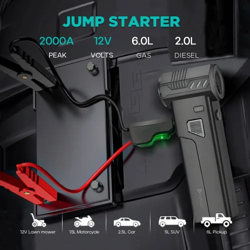 Miniatura 2 de Arrancador de 5 en 1 con soplador de aire, aspirador portátil, elevador de batería de coche de 2000A, inflador/desinflador de aire, banco de energía