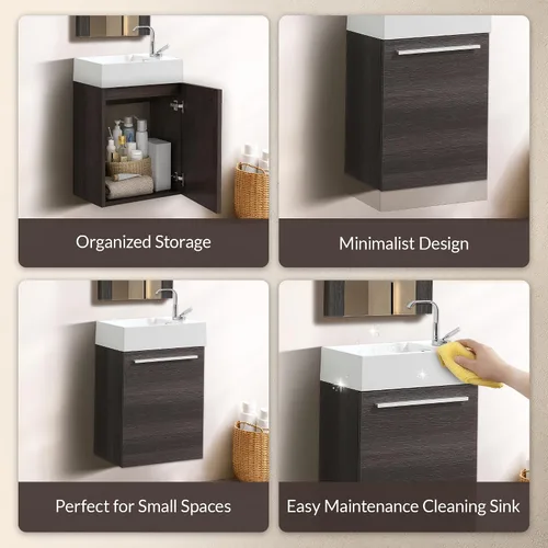 Miniatura 4 de Blossom Tocador de baño pequeño de 18 pulgadas con fregadero, gabinete flotante de madera maciza, resistente a la humedad, fregadero de profundidad