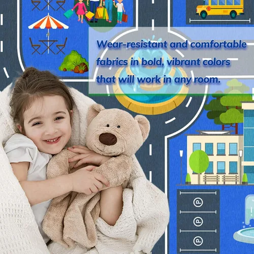 Miniatura 8 de Alfombra de coche de carretera para niños, 31 x 47 pulgadas, alfombra de pista de carreras de ciudad, alfombra de carreras para niños, alfombra