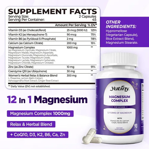 Miniatura 4 de Complejo de magnesio de 1000 mg para mujeres, suplemento de magnesio 12 en 1 con citrato de glicinato, malato, taurato, vitamina D3 K2, zinc