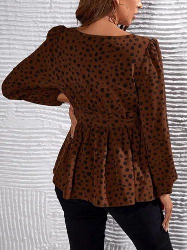 Miniatura 2 de OYOANGLE Blusa de maternidad para mujer, elegante, con lunares, manga larga, cuello en V, con cinturón, ropa de embarazo