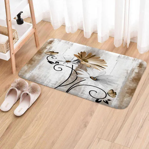 Miniatura 8 de Alfombra de Baño Rústica de Granja, Alfombra de Baño de Madera de Campo con Flores de Margaritas Moradas, Mariposas y Estilo Campestre, Alfombra