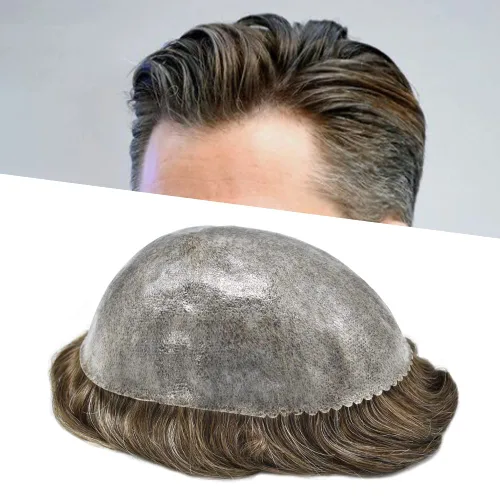 Miniatura 14 de Sistema de cabello humano tipo tupé para hombre, tupé gris, piezas de cabello completo de poliéster para hombres, tupé de inyección de poliuretano