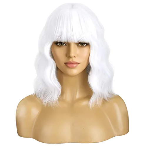 Miniatura 46 de BERON 14 Inches Ash Blonde Wig with Bangs Short Curly Wig Short Ash Blonde Bob Synthetic Wigs for Women Daily Halloween Party or Cosplay Hairnet