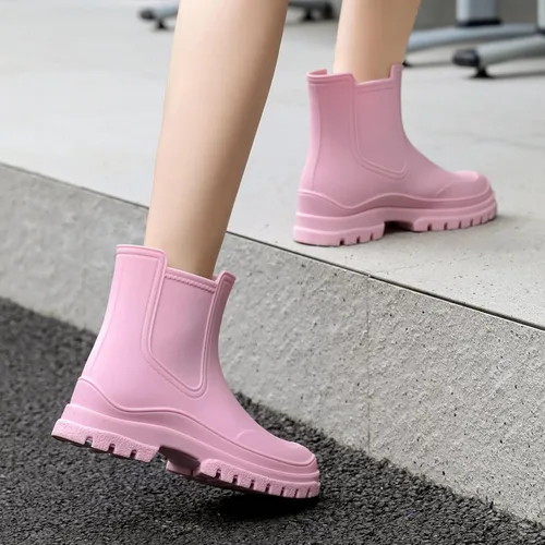 Miniatura 6 de Hsttgsr Botas de lluvia para mujer, cómodos botines elásticos para adultos, botas Chelsea de tacón medio a la moda, impermeables, antideslizantes