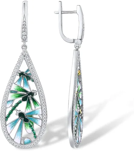 Miniatura 2 de Santuzza Aretes de plata de ley 925 con circonita cúbica esmaltada y libélula para mujer, Plata de ley Circonita cúbica, Circonia cúbica