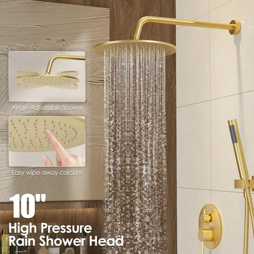 Miniatura 3 de Gabrylly Brushed Gold Shower System with Rough-in Valve, 10 Inch Wall Mounted High Pressure Rainfall Shower Head with Handheld Combo, Luxury All