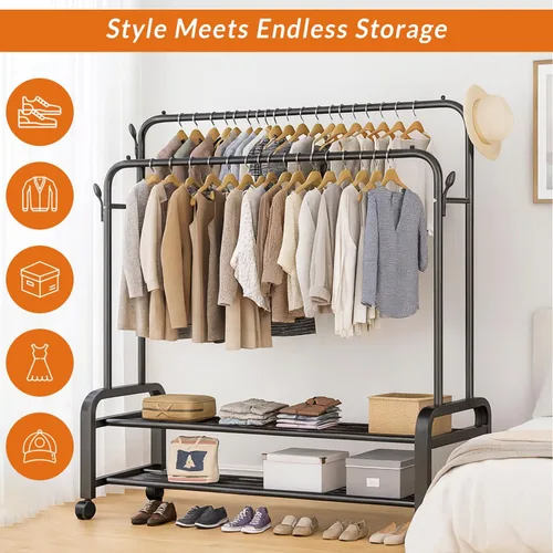 Miniatura 3 de Perchero resistente, perchero y perchero con ruedas, perchero independiente de doble barra para colgar ropa con estante de 2 niveles y organizador