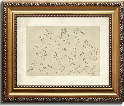 Kizbok Arte de pared enmarcado dorado para decoración del hogar, impresiones artísticas de líneas de boceto de pájaros vintage, pintura minimalista