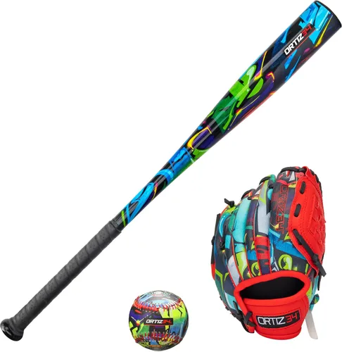 Miniatura 7 de Ortiz34 Youth T-Ball Set, 25” Signature Aluminum T-Ball Bat with -10 Drop, Foam Core T-Ball, 9” Lightweight Youth Glove, Vibrant Graffiti Print