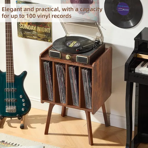Miniatura 4 de LELELINKY Soporte para tocadiscos, mesa de almacenamiento de discos de vinilo con 4 gabinetes de hasta 100 álbumes, soporte para tocadiscos