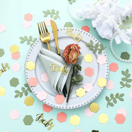 Miniatura 3 de 220 piezas de decoración de mesa de confeti para baby shower con eucalipto verde salvia dorado papel neutro de confeti disperso forma hexagonal