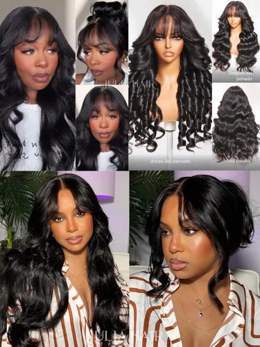Miniatura 6 de Julia Hair Pelucas frontales de encaje sin pegamento 13X4 HD Pre Everything de cabello humano esponjoso natural ondas sueltas con flequillo cortina
