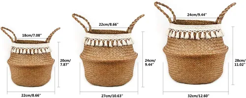 Miniatura 2 de Canasta Tejida Boho de Pasto Marino para Almacenamiento, Canasta para Plantas o Juguetes, para la Sala o el Baño (Grande, Beige)