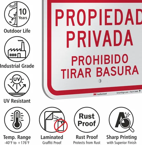 Miniatura 7 de SmartSign Letrero de metal bilingüe con texto en inglés "Private Property - No Dumping Allowed, Prohibido Tirar Basura" de 18 x 12 pulgadas