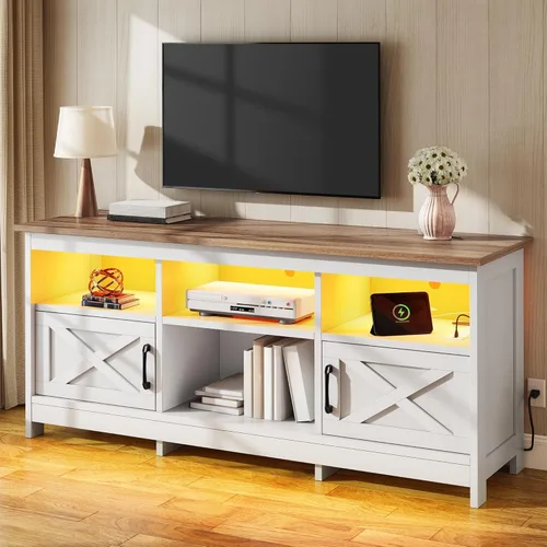 Miniatura 9 de YITAHOME Soporte de TV para televisores de 65 pulgadas, centro de entretenimiento con armarios de almacenamiento, toma de corriente y luz LED, Negro