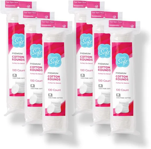 Miniatura 3 de Simply Soft - Redondas de algodón de alta calidad, 100% algodón puro, almohadillas de algodón absorbente, 100 unidades (paquete de 6)