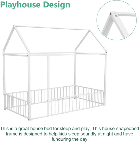 Miniatura 5 de Lakifun Casa de juegos de cama de metal de tamaño individual con barandillas de techo y valla para niños y niñas, marco de toldo Montessori de suelo