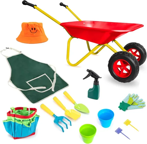 Miniatura 16 de 3T GROUP Juego de carretilla para niños, carretilla de metal para niños, barril de rueda para todas las estaciones, arena y suciedad, pala de nieve