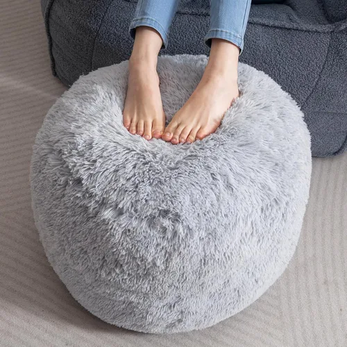 HIGOGOGO Puf Otomán Redondo Relleno, Pufs Largos de Piel Sintética con Relleno de Trozos de Espuma, Puf Esponjoso y Peludo Reposapiés Otomán de Gris