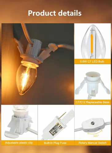 Miniatura 3 de Cable de accesorio con bombillas LED C7, cable de luz de molde de soplado de interior de 6 pies con enchufes macho y hembra para Halloween, Paquete