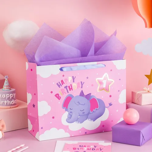 Miniatura 4 de WRAPAHOLIC Bolsa de regalo grande de 13 pulgadas con tarjeta y papel de seda, adorable bolsa de regalo de elefante para bebé, baby shower, fiesta
