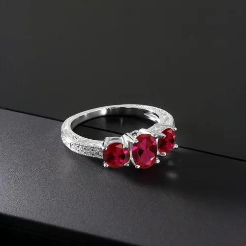 Miniatura 85 de Gem Stone King Anillo de compromiso de 3 piedras preciosas de oro blanco de 10 quilates con piedra natal y diamantes cultivados en laboratorio