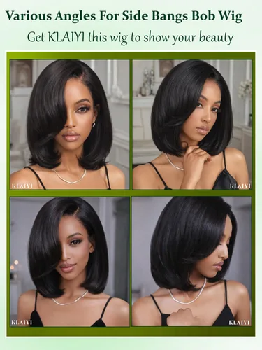 Miniatura 6 de KLAIYI Peluca de cabello humano con encaje frontal precortada 7x5, corte Bob en capas, corte romo, cordón sin pegamento, peluca predepilada