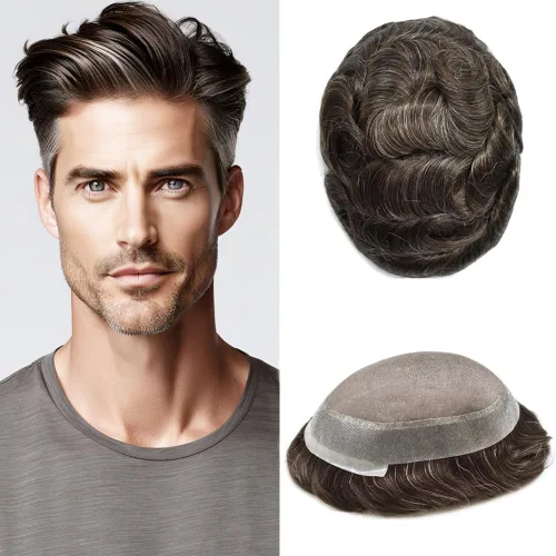 Miniatura 32 de Monofilamento fino para hombre, sistema de cabello humano Remy, piel de polietileno transparente alrededor del postizo de monofilamento, peluca