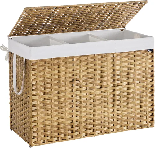 Miniatura 10 de SONGMICS Canasta de lavandería con tapa, cesto de ropa de 23.8 galones (90 L) de ratán sintético con tapa y asas, plegable, forro extraíble