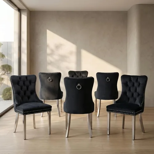 Miniatura 31 de Juego de 2 sillas de comedor de terciopelo, sillas de comedor copetudas de mediados de siglo con anillo trasero de cabeza de clavo, patas de metal