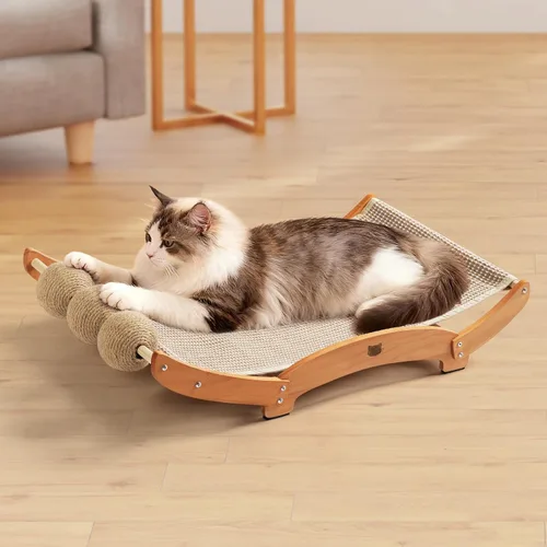 Cama rascador de sisal extra grande para gatos con bola, almohadilla rascador 3 en 1 para gatos con hamaca, sisal natural con marco de madera