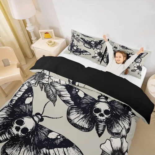 Miniatura 4 de Juego de funda de edredón con diseño de calavera, tamaño individual, con estampado de polillas, estilo gótico, funda de edredón para adolescentes