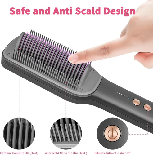 Miniatura 6 de Cepillo alisador de cabello, cepillo de alisado iónico 2000 para mujeres con 5 temperaturas 20 segundos, calentamiento rápido de doble voltaje