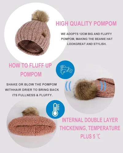 Miniatura 3 de photios Gorro de punto de invierno para mujer con pompón de piel sintética de punto cálido para mujer