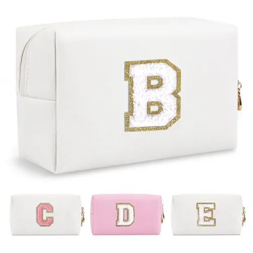 Miniatura 255 de Pequeña bolsa de maquillaje personalizada con inicial A-Z Preppy Patch, bolsa de cosméticos de viaje de felpilla blanca con cremallera, bonita bolsa