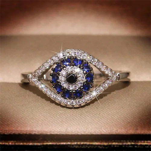 Miniatura 4 de Anillo de plata de ley 925 transparente y azul con circonita cúbica para mujer, anillo de zafiro con circonita cúbica, anillo femenino con un ojo