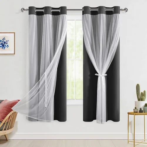 Miniatura 51 de Hiasan Cortinas opacas con superposición transparente, aislamiento térmico para mezclar y combinar de doble capa, cortinas de oscurecimiento de Beige
