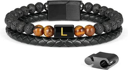 Miniatura 24 de LUXEJEW Regalo Navidad para hombre, brazalete de cuero con cuentas, con letra inicial nombre, 15/64 de pulgada, ágata mate, hecho a mano, ajustable