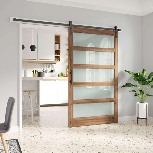 Miniatura 15 de FREDBECK Puerta de granero de vidrio de 32 x 84 pulgadas con kit de herrajes para puerta de granero de 5.5 pies y asa incluida, 5 paneles de vidrio