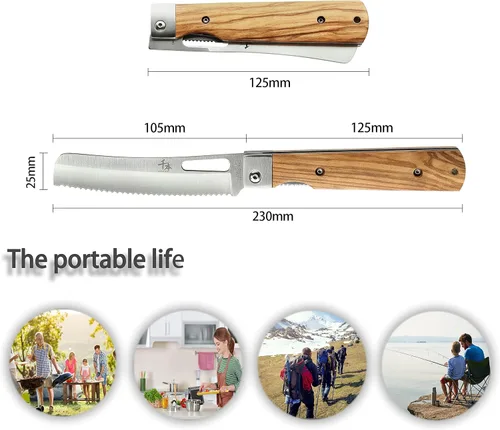 Miniatura 2 de SENBON Cuchillo de bolsillo plegable de acero inoxidable 440A con sierra para pan japonés, mango natural de oliva, para camping al aire libre