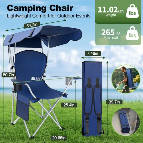 Miniatura 9 de VTOY Silla de camping portátil con dosel, silla plegable con toldo, silla Oxford 600D duradera para camping, playa, picnic, pesca y deportes 1