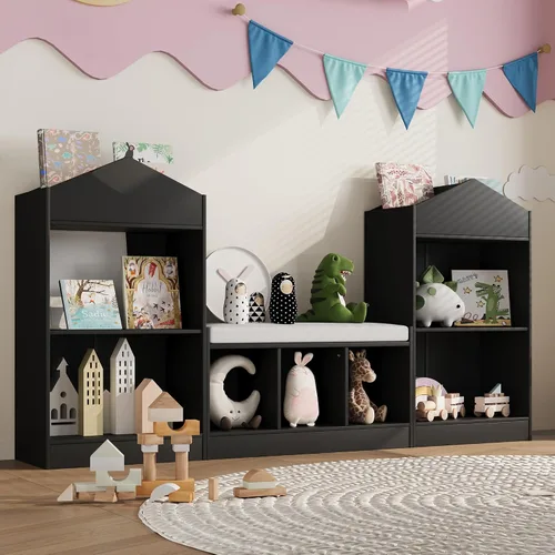 Miniatura 3 de MHOM Estantería infantil de 68.9 pulgadas con rincón de lectura, organizador de almacenamiento de juguetes con cojín de asiento y 7 cubos