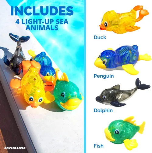 Miniatura 5 de Swimline Original Pack de 4 Juguetes de Buceo con Luz LED Animales Marinos Brillantes y Divertidos, Juego de Atrapar Peces con Recuperación