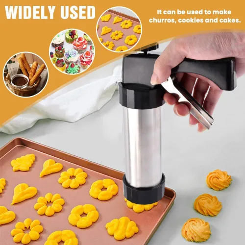 Miniatura 8 de Prensa de galletas de acero inoxidable, kit de pistola de prensa de galletas, fabricante de Spritz con 8 puntas de tubería y 13 discos para hacer