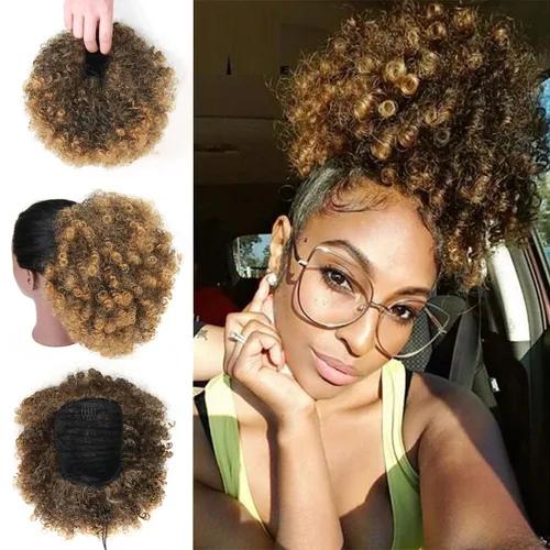 Miniatura 14 de Extensión de cola de caballo afro con cordón para mujeres negras, extensión de cola de caballo corta afro rizada, moño de cola de caballo rizada