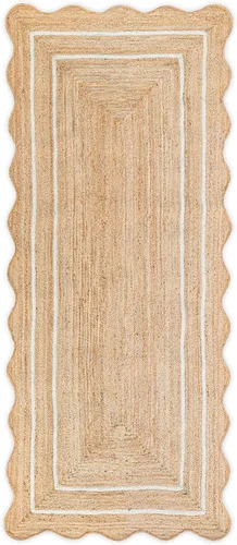 Miniatura 8 de Alfombra de Yute Natural Ondulada Festoneada - Corredor de Entrada Boho, Festón de Granja, Azul Cielo (2'x3')